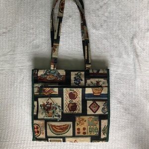 Jade tapestry shopper tote with fruit print